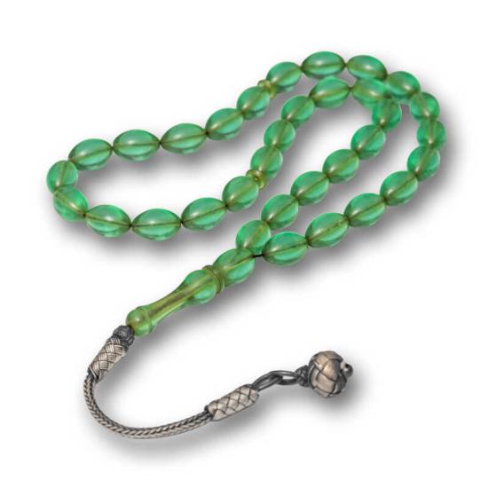 Gümüş Top Kazaz Püsküllü Yeşil Sıkma Kehribar Tesbih