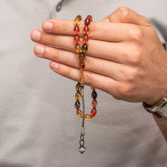 Gümüş Top Kazaz Püsküllü Sıkma Kehribar Tesbih