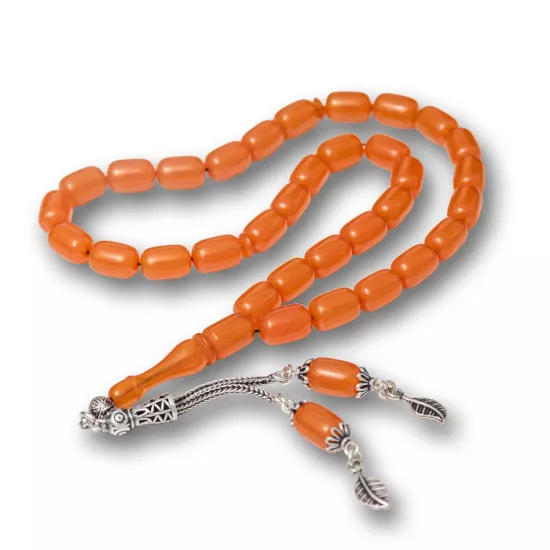 Gümüş Püsküllü Turuncu Kapsül Kesim Sıkma Kehribar Tesbih