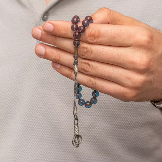 Gümüş Kazaz Püsküllü Şeffaf Mavi Sıkma Kehribar Tesbih