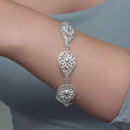 Gümüş Damla Papatya Telkari Kadın Bileklik