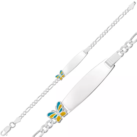 Kişiye Özel Sarı Mavi Kelebek Figürlü Gümüş Çocuk Künyesi