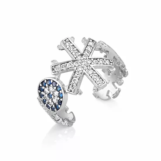 Gümüş Nazarlı Kar Tanesi Ayarlamalı Bayan Yüzük