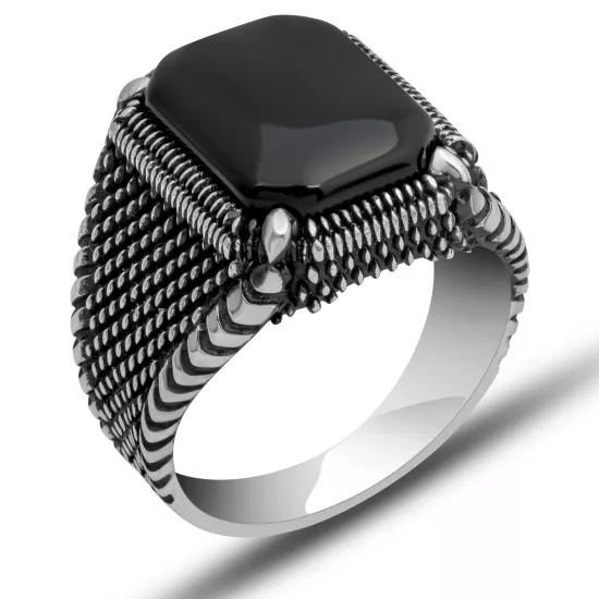 Gümüş Oniks Taşlı Erkek Yüzük