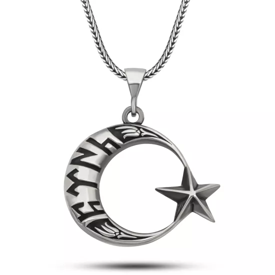 Gümüş Göktürkçe Yazılı Ay Yıldız Erkek Kolye