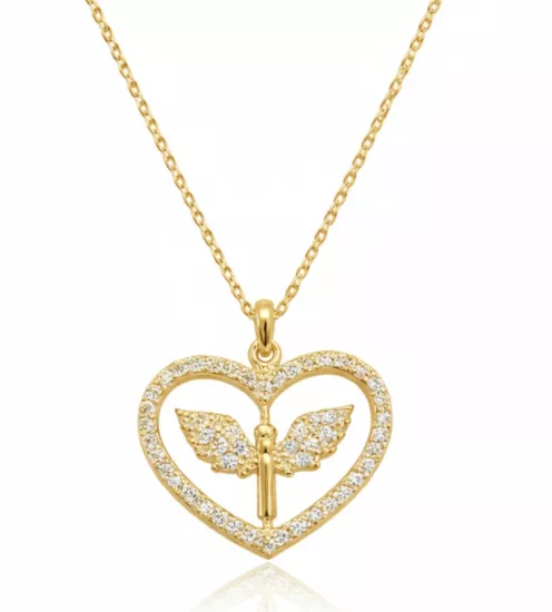 Gümüş Gold Mikail Meleği Figürlü Kalp Kadın Kolye