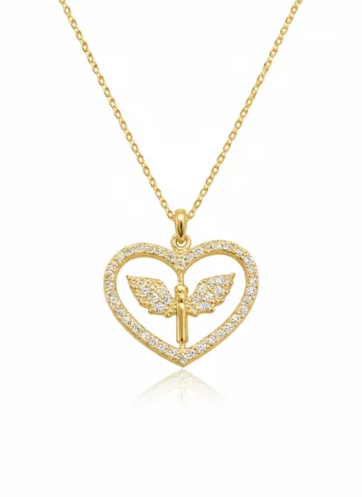Gümüş Gold Mikail Meleği Figürlü Kalp Kadın Kolye
