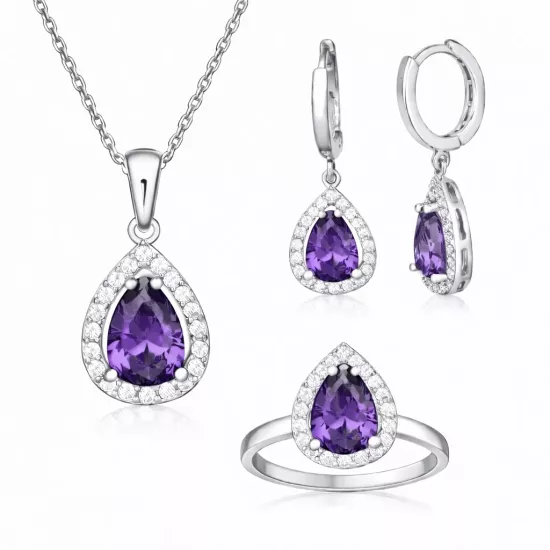 Gümüş Mor Zirkon Taşlı Damla Kadın Set