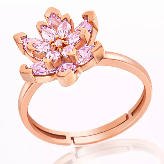 Gümüş Rose Pembe Taşlı Lotus Çiçeği Kadın Yüzük