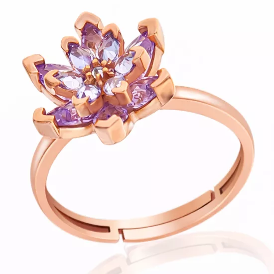 Gümüş Rose Lila Taşlı Lotus Çiçeği Kadın Yüzük