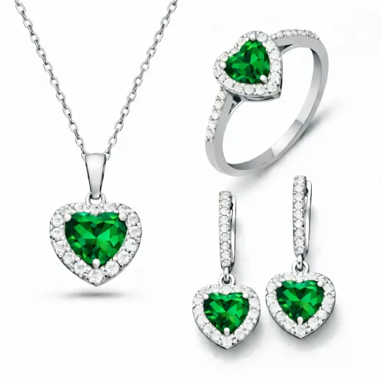 Gümüş Yeşil Taşlı Kalpli Kadın Set
