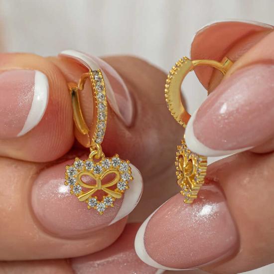 Gümüş Gold Kalp Kurdele Sallantılı Kadın Küpe Gümüş Gold Kalp Kurdele Sallantılı Kadın Küpe