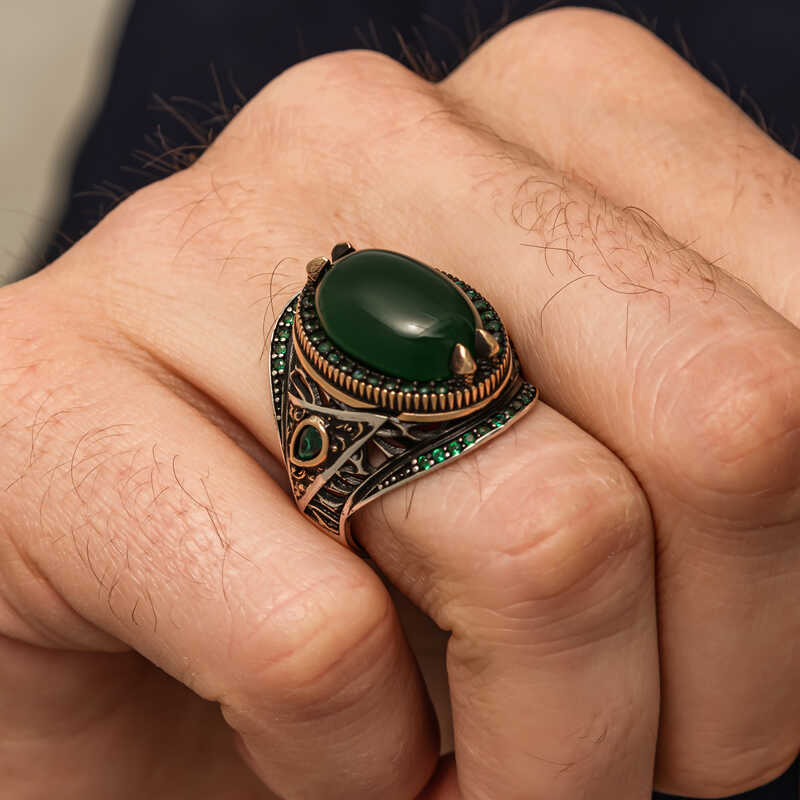 Gümüş Yeşil Akik Taşlı Erkek Yüzük
