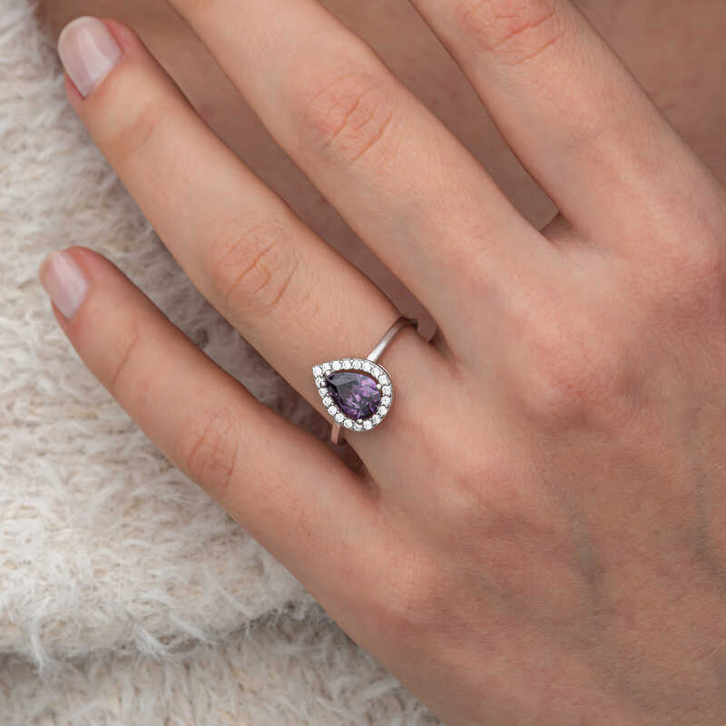 Gümüş Damla Mor Taşlı Kadın Yüzük
